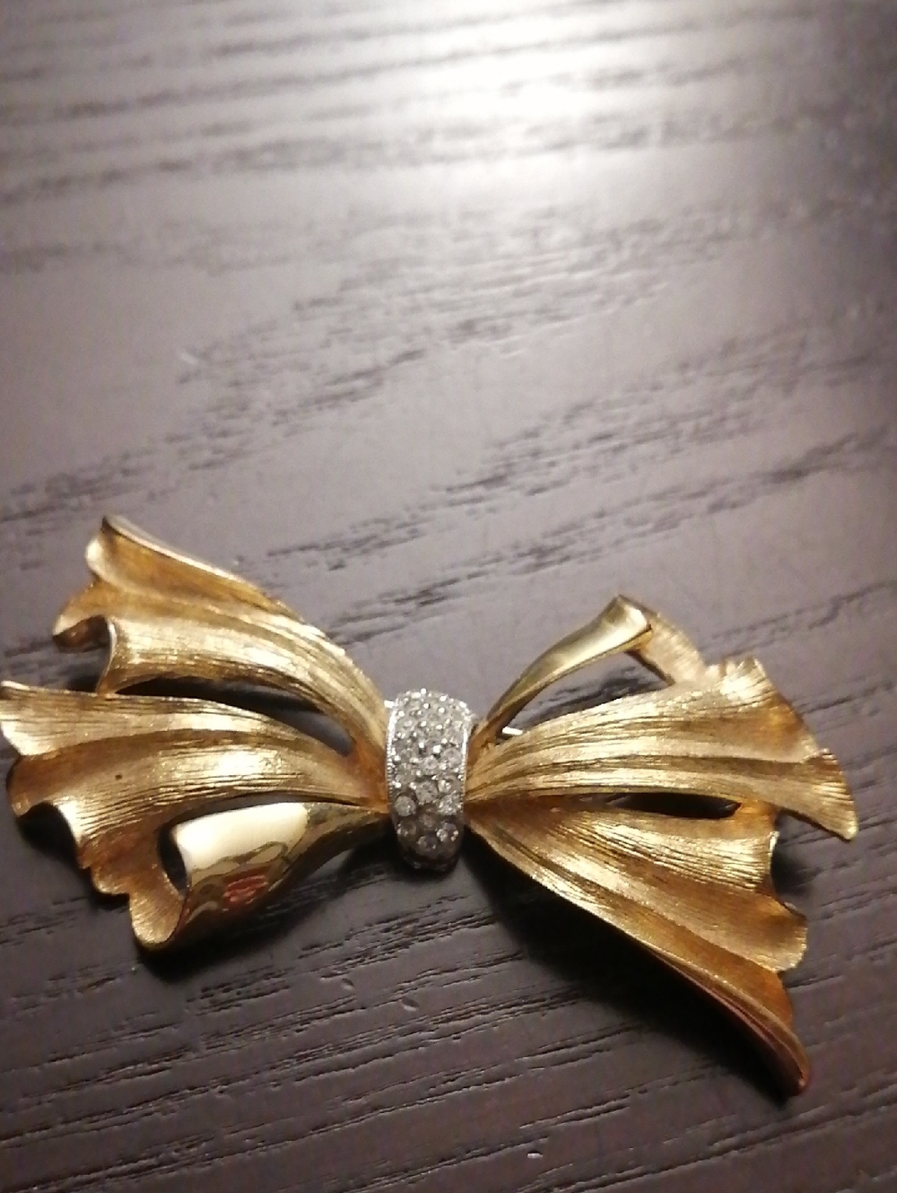BSK style 80s Gold Filled Bow Crystal Accent Vintage Brooch